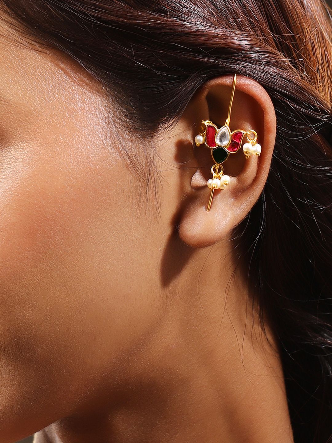 Dhiyona RJ Women's 22K Gold-Plated Ruby Pink & White Kundan Lotus Design Ear Cuff with Pearl Beads