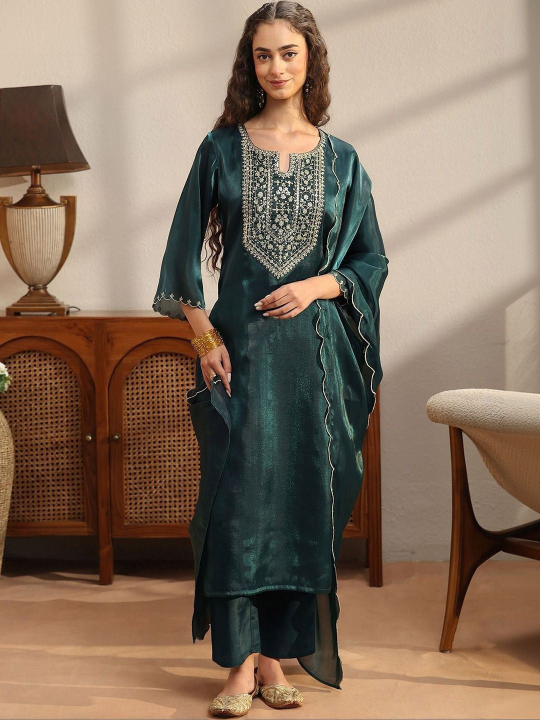 Women Ethnic Motifs Embroidered Regular Kurta with Palazzos & With Dupatta