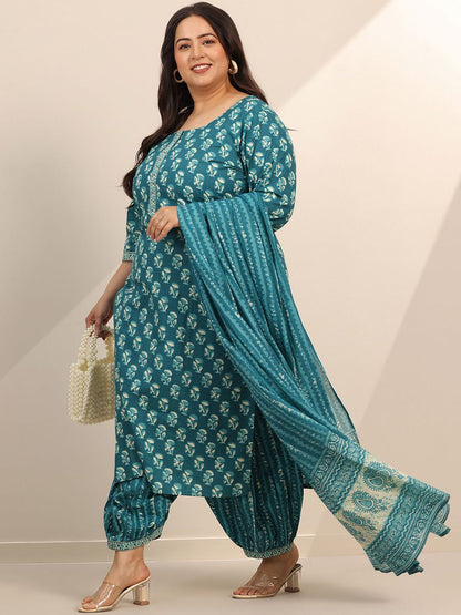 Dhiyona Women's Plus Size Floral Printed Straight Kurta With Salwar & Dupatta
