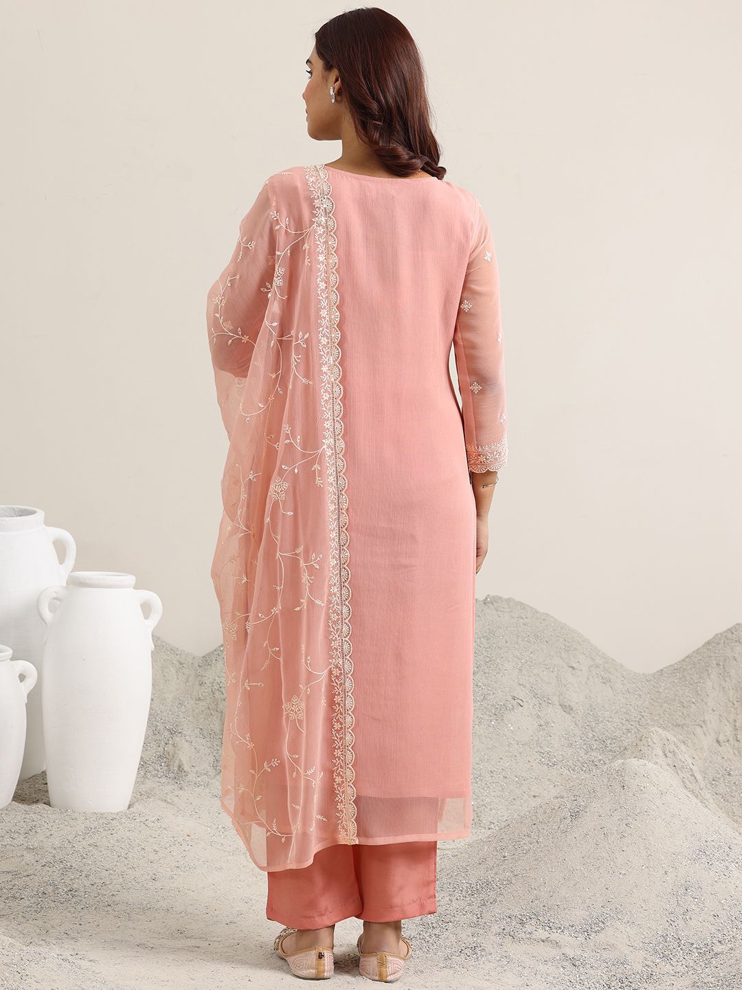 Dhiyona LL Ethnic Motifs Embroidered Round Neck Sequinned Kurta With Palazzos & Dupatta