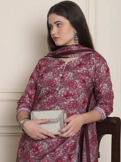 Dhiyona KL Floral Printed V-Neck Straight Kurta With Patiala & Dupatta