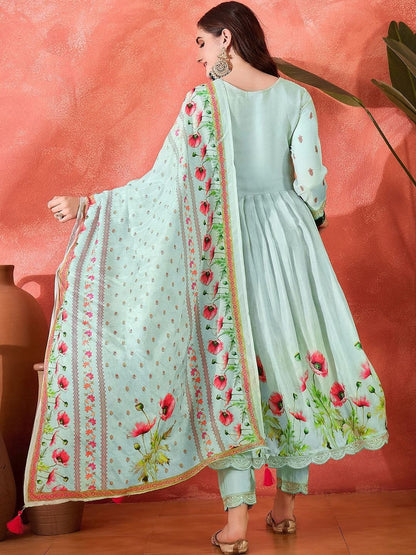 Dhiyona CH Floral Printed Tiered V-Neck Thread Work Kurta With Trousers & Dupatta