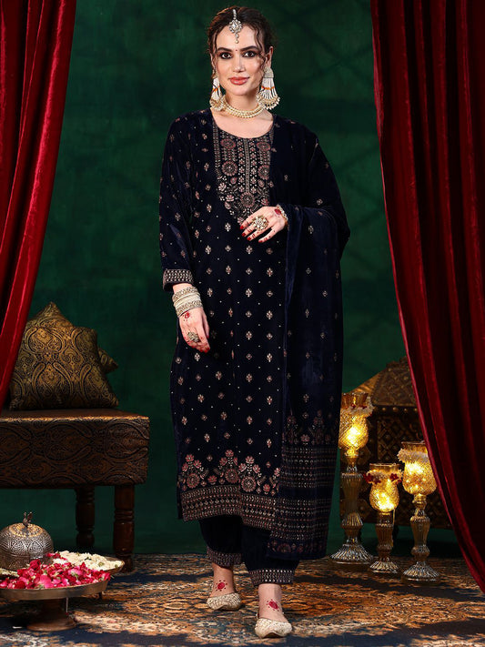 Floral Embroidered Thread Work Velvet Kurta With Salwar And Dupatta