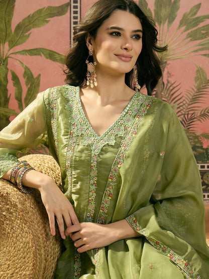 Embroidered V-Neck Kurta Trousers & Dupatta