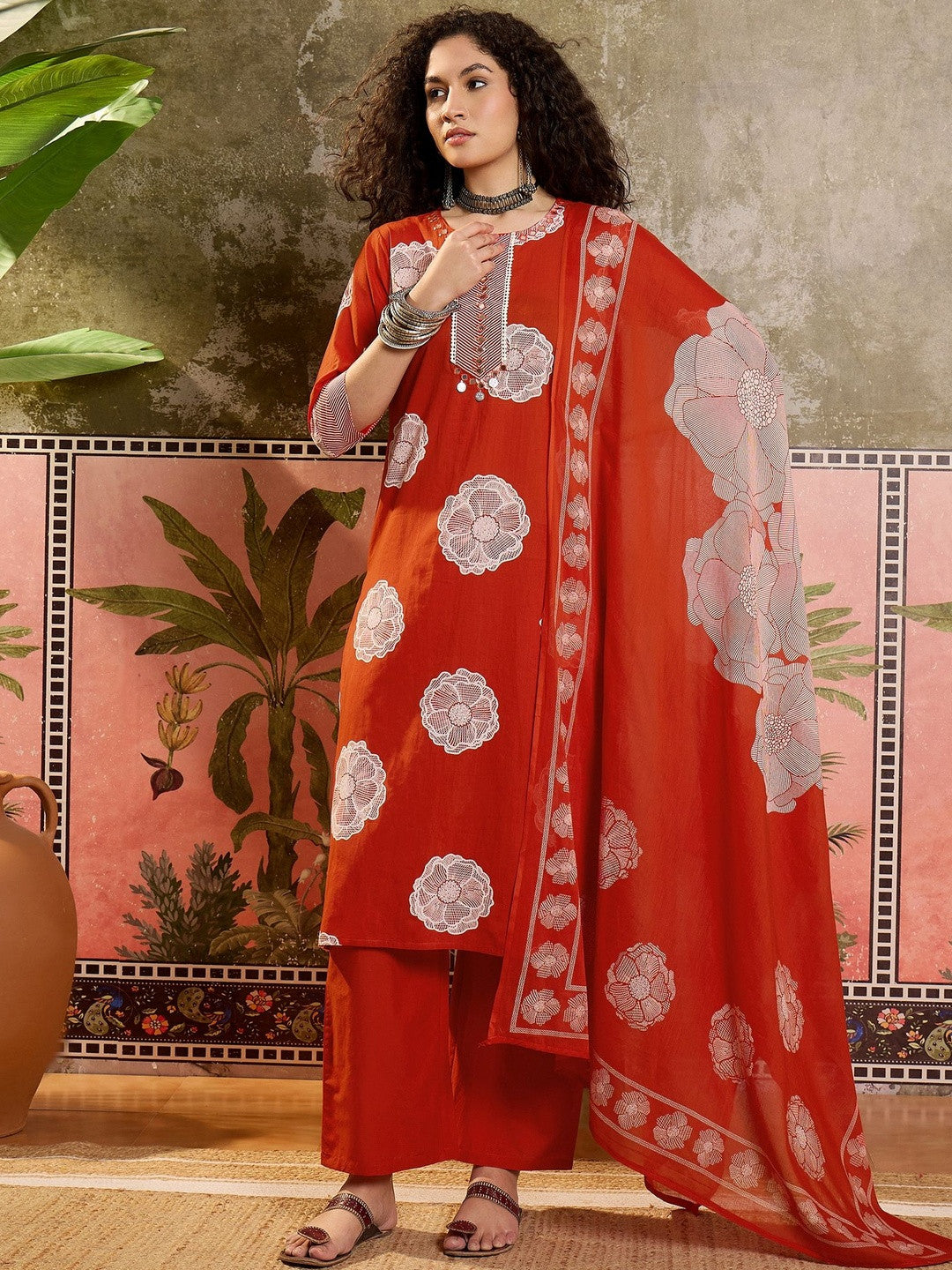 Printed Cotton Round Neck Kurta & Trousers With Dupatta