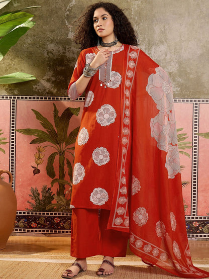 Printed Cotton Round Neck Kurta & Trousers With Dupatta
