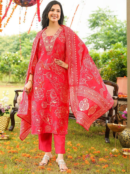 Dhiyona KL Floral Printed Straight Thread Work Kurta With Trouser & Dupatta