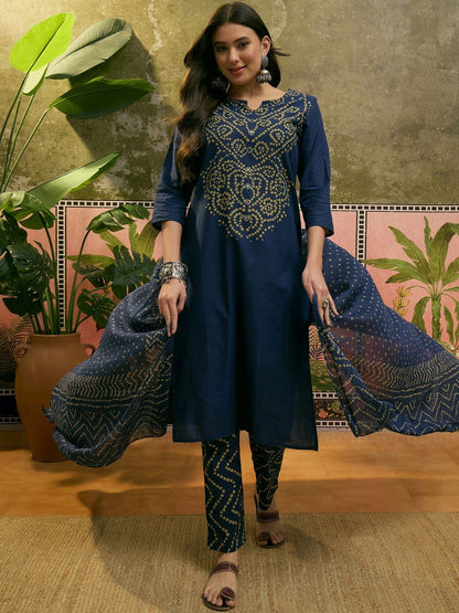 Printed Pure Cotton Round Neck Kurta & Trousers With Dupatta