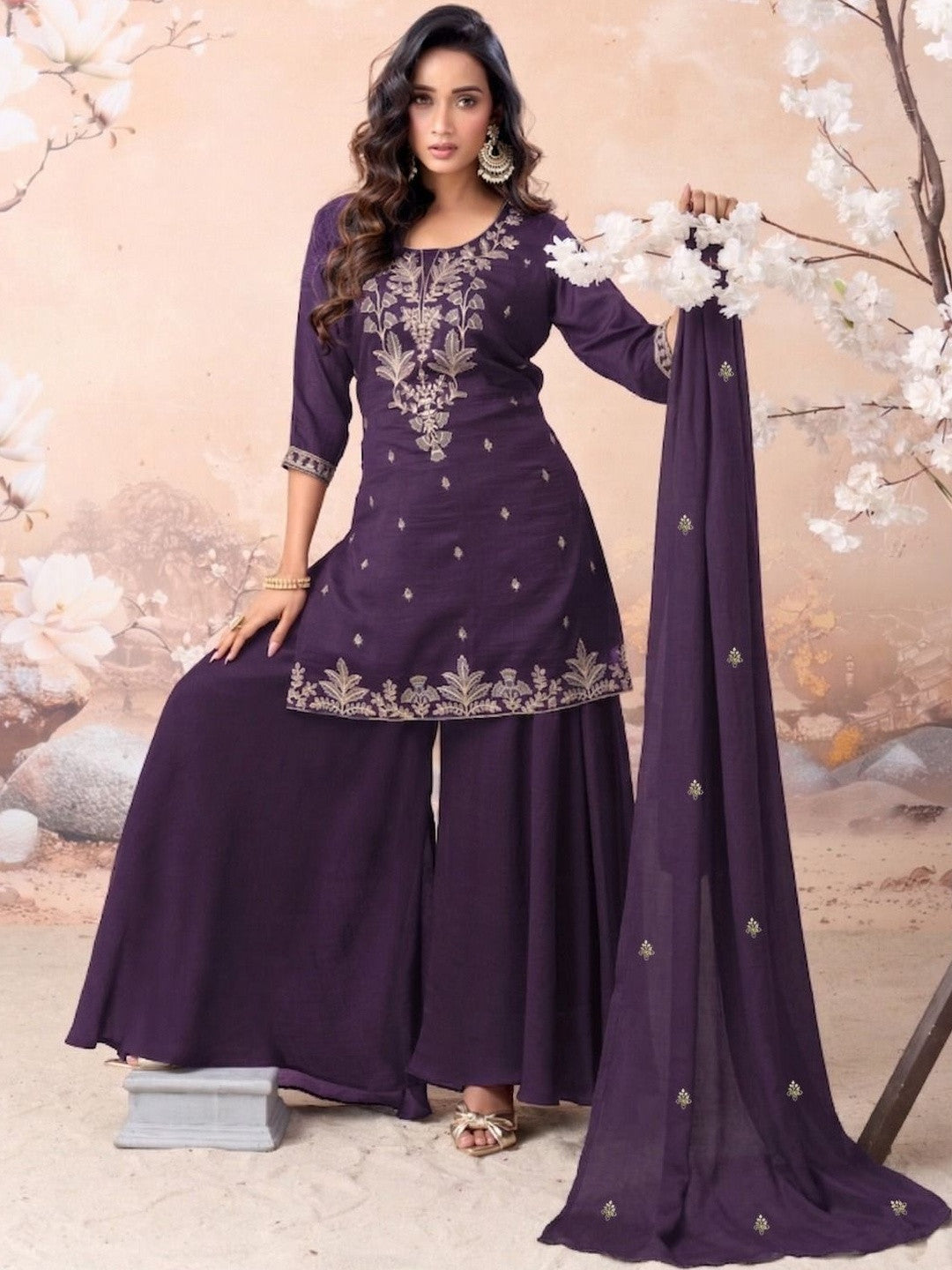 Embroidered Silk Blend Round Neck Kurta & Sharara With Dupatta