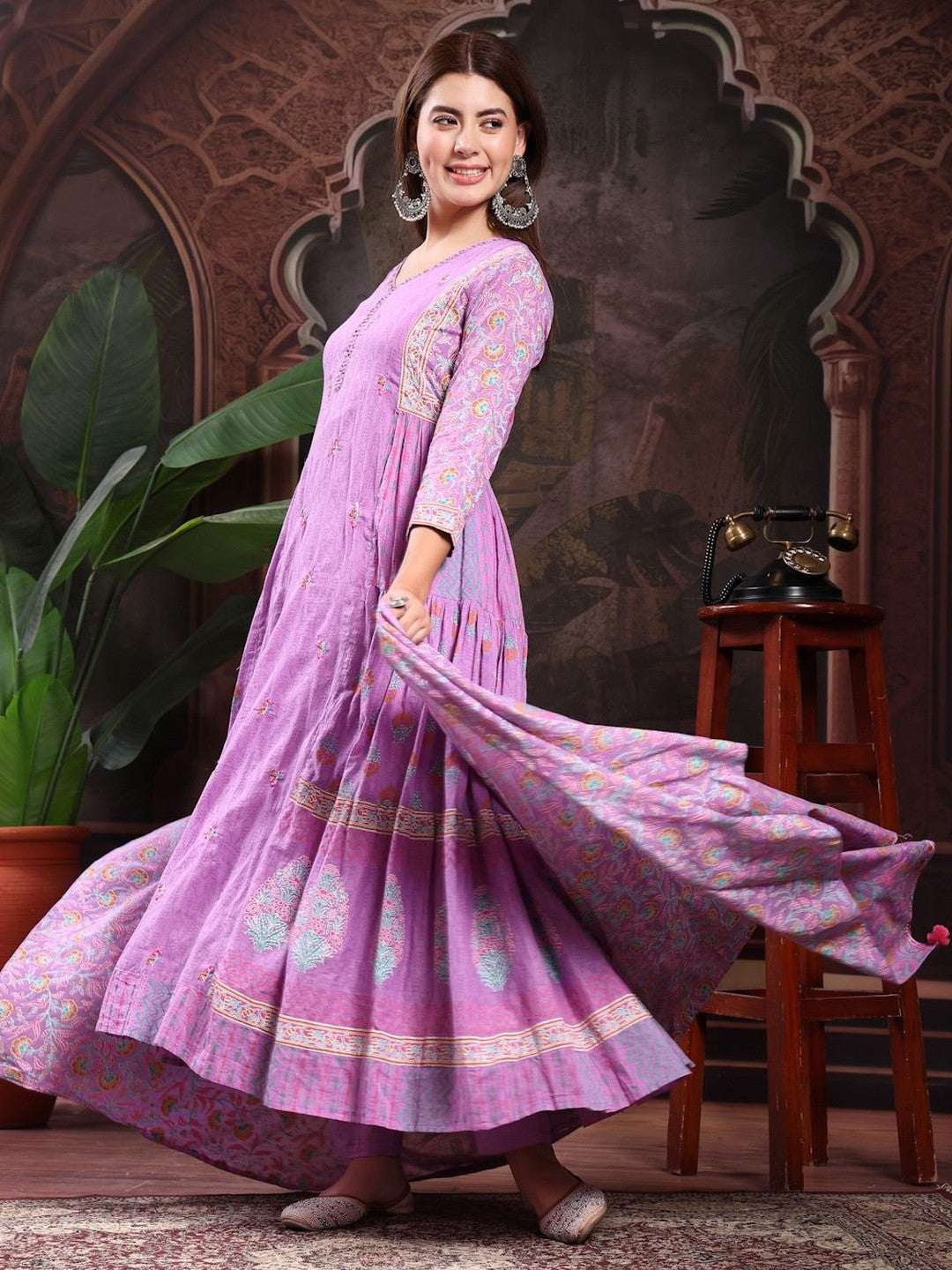 Floral Embroidered V-Neck Pure Cotton Anarkali Kurta & Trousers With Dupatta