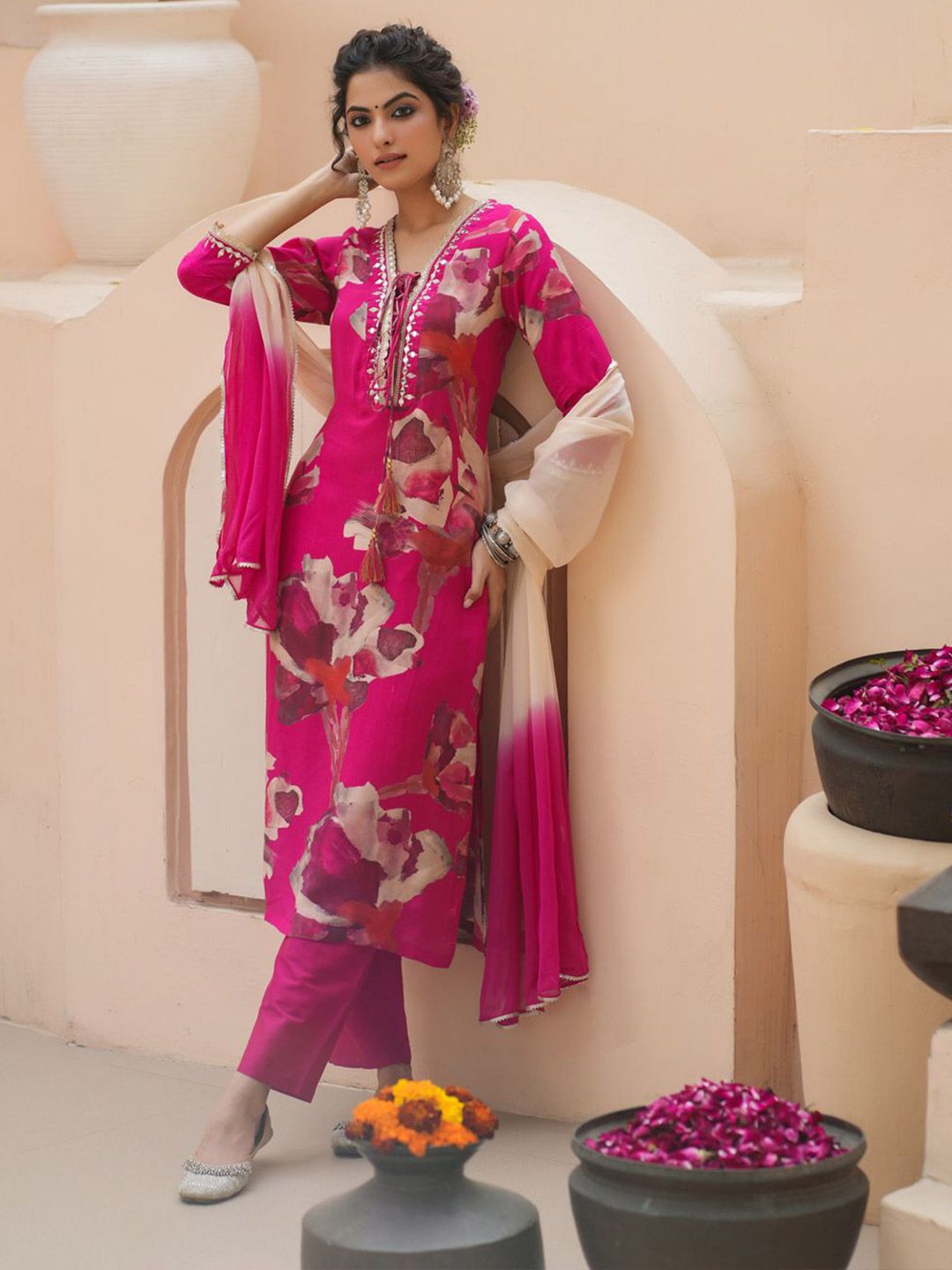 Dhiyona RR Women's Floral Printed Cotton Silk Mirror Work Kurta With Trousers & Dupatta