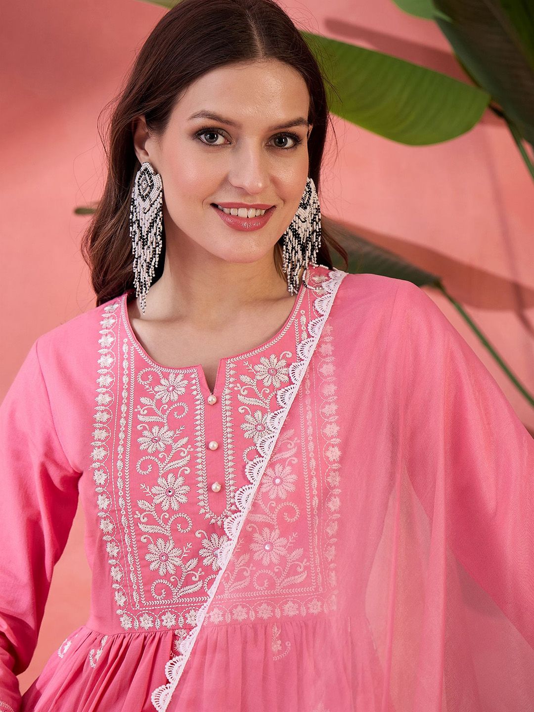 Dhiyona SN Women's Peach Embroidered Notch Neck Pure Cotton Anarkali Kurta With Trouser & Dupatta