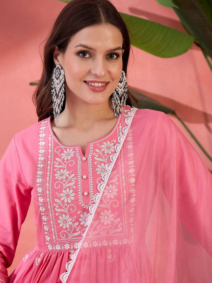 Dhiyona SN Women's Peach Embroidered Notch Neck Pure Cotton Anarkali Kurta With Trouser & Dupatta