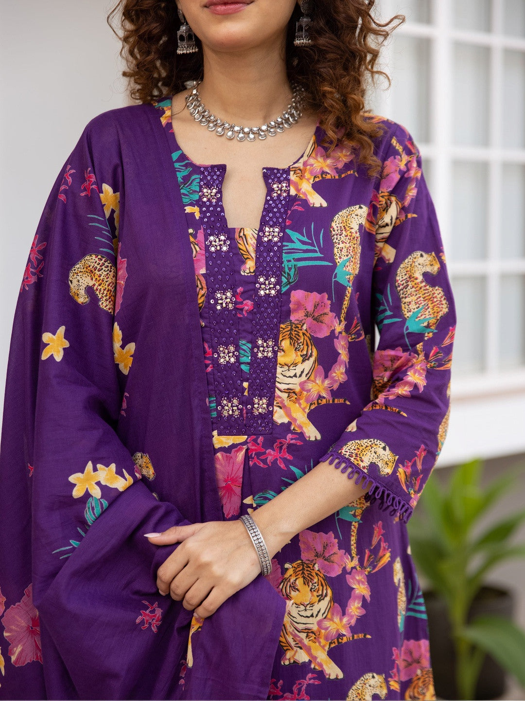 Printed Pure Cotton V-Neck Kurta Trousers & Dupatta