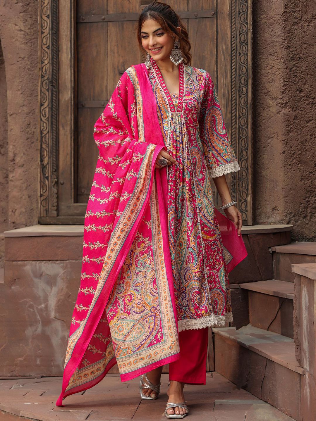 Dhiyona RR Women's Printed Thread Work Pure Cotton Anarkali Kurta with Trousers & Dupatta