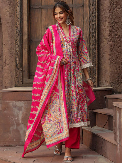 Dhiyona RR Women's Printed Thread Work Pure Cotton Anarkali Kurta with Trousers & Dupatta