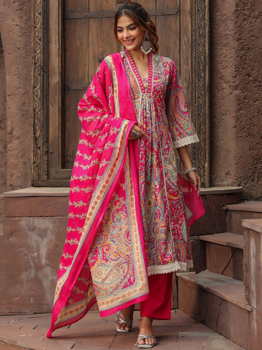 Dhiyona RR Women's Printed Thread Work Pure Cotton Anarkali Kurta with Trousers & Dupatta