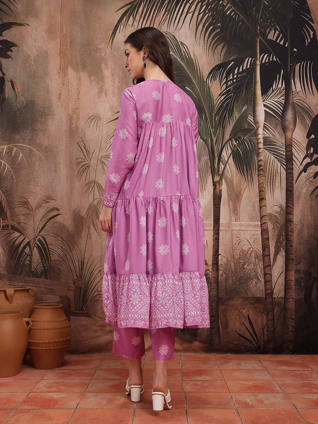 Ethnic Motif Printed Tiered Pleated Anarkali Kurta with Trouser