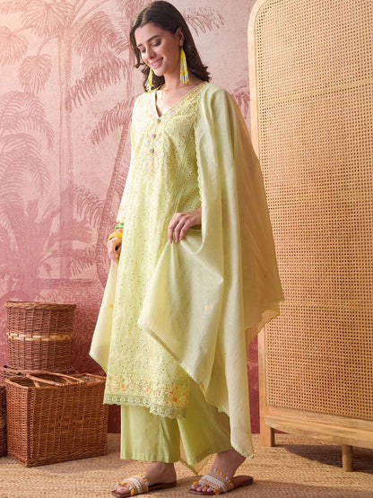 Women Ethnic Motifs Embroidered Regular Chikankari Pure Cotton Kurta with Palazzos & With Dupatta