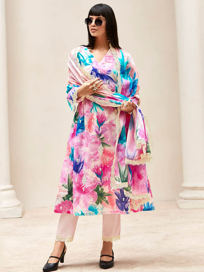 Women Floral Embroidered Regular Thread Work Kurta with Trousers & With Dupatta