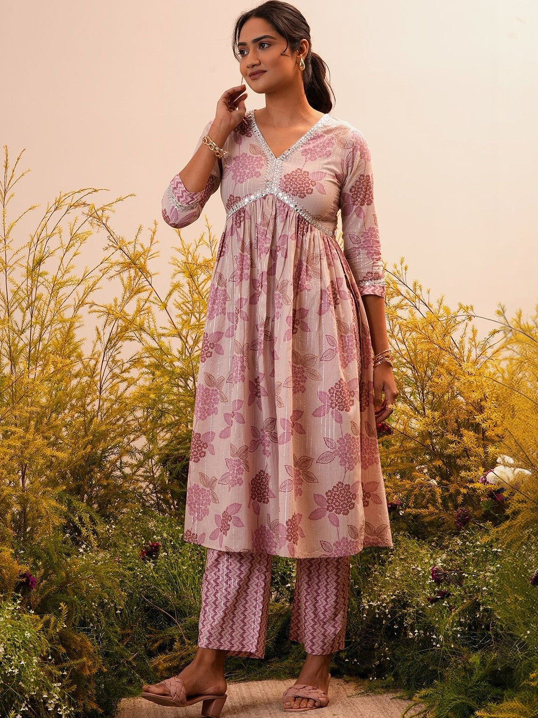 Women Floral Printed Empire Mirror Work Kurta with Trousers