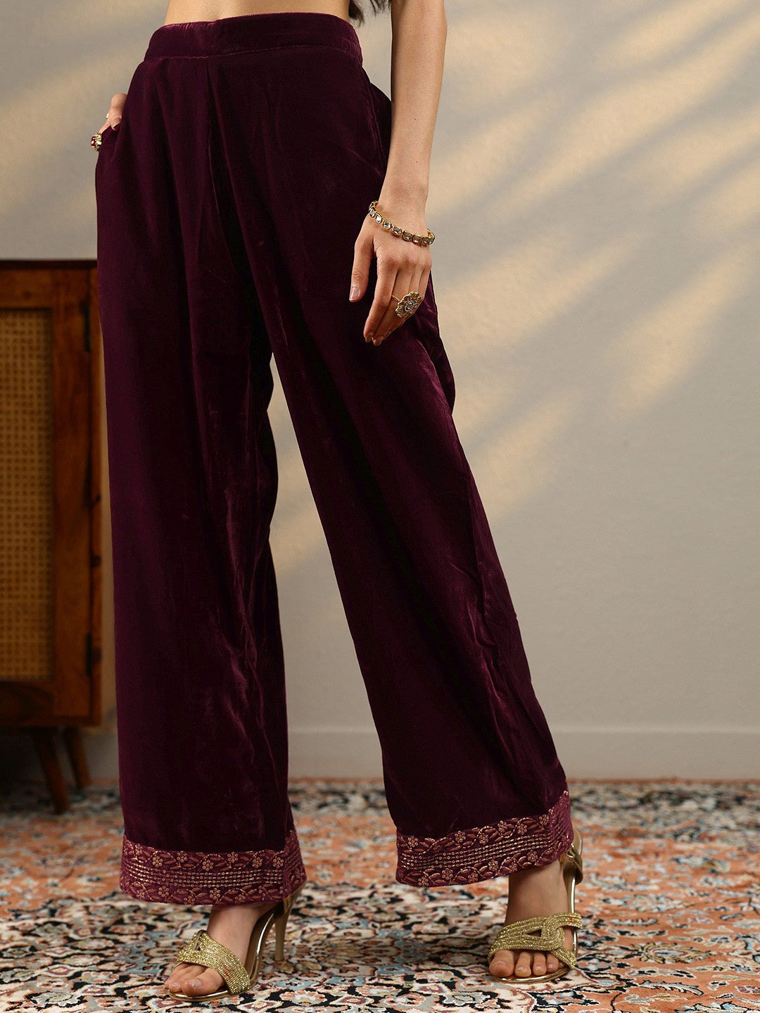 Straight Velvet Thread Work Kurta with Palazzos & Dupatta