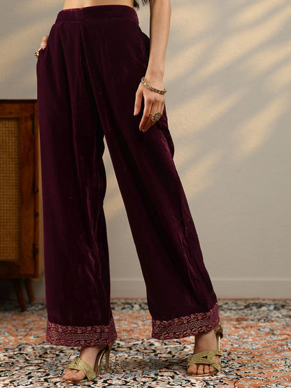 Straight Velvet Thread Work Kurta with Palazzos & Dupatta