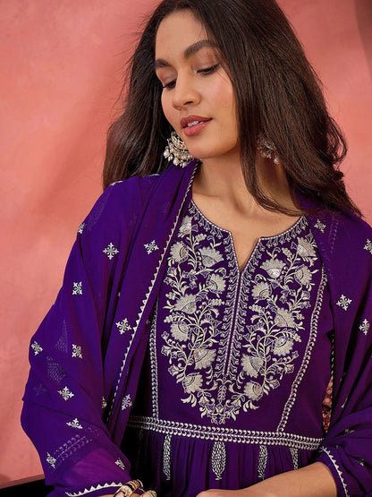 Floral Printed Notch Neck Zari Georgette Naira Cut Kurta With Trouser & Dupatta