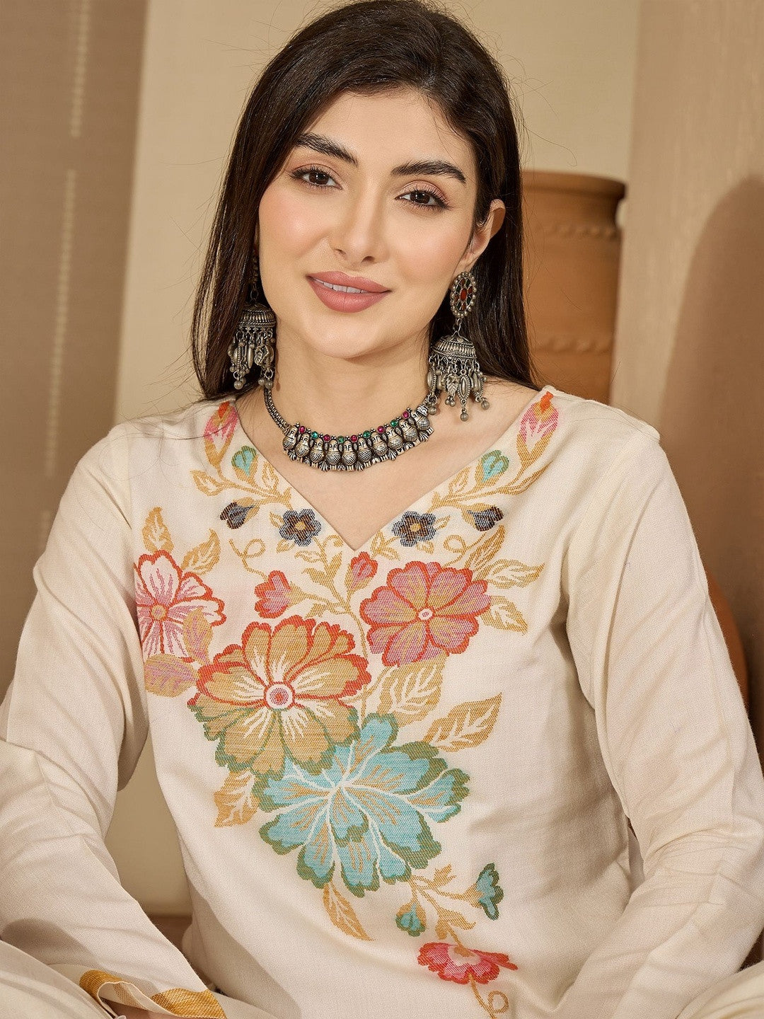 Winter Floral Self Design Kurta With Trousers