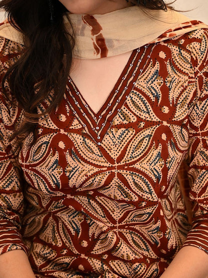 Ethnic Motifs Printed Thread Work Pure Cotton Kurta With Trousers & Dupatta