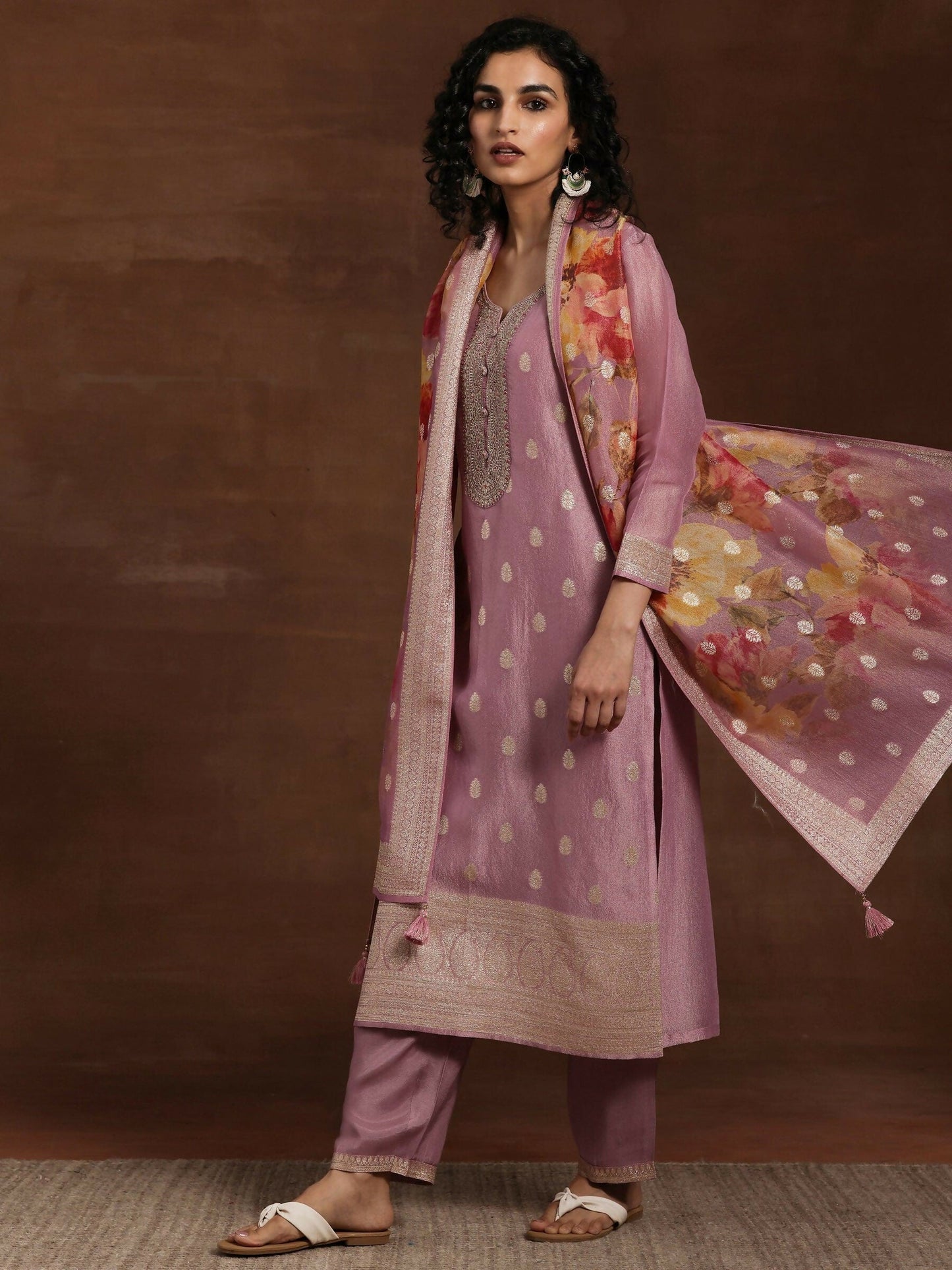 Women's LB Mauve Woven Design Silk Blend Straight Kurta With Palazzos & Dupatta