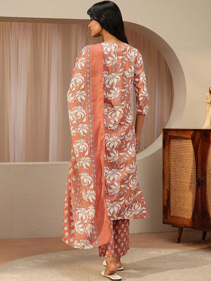Rust Red Floral Printed Cotton Straight Suit Set