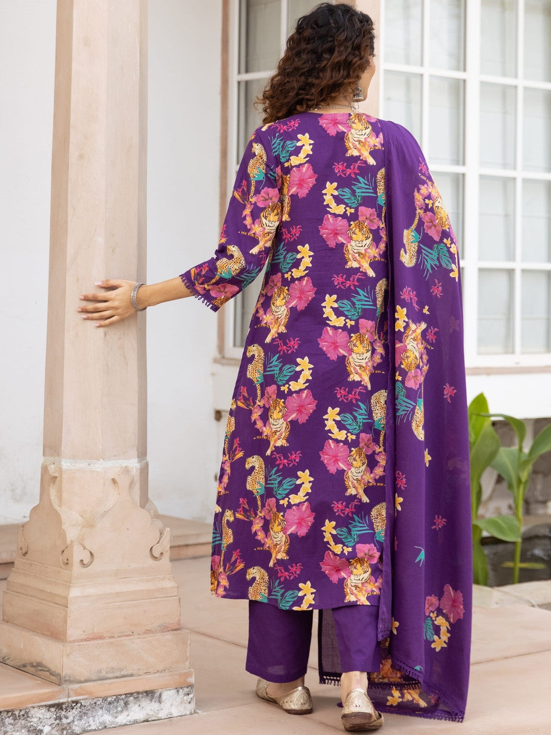 Printed Pure Cotton V-Neck Kurta Trousers & Dupatta