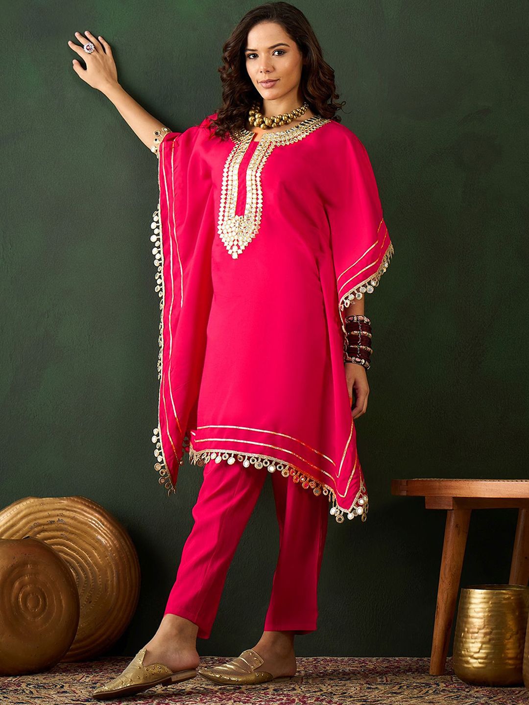 Dhiyona SN Women's Fuchsia Geometric Embroidered Round Neck Mirror Work Kaftan With Trousers