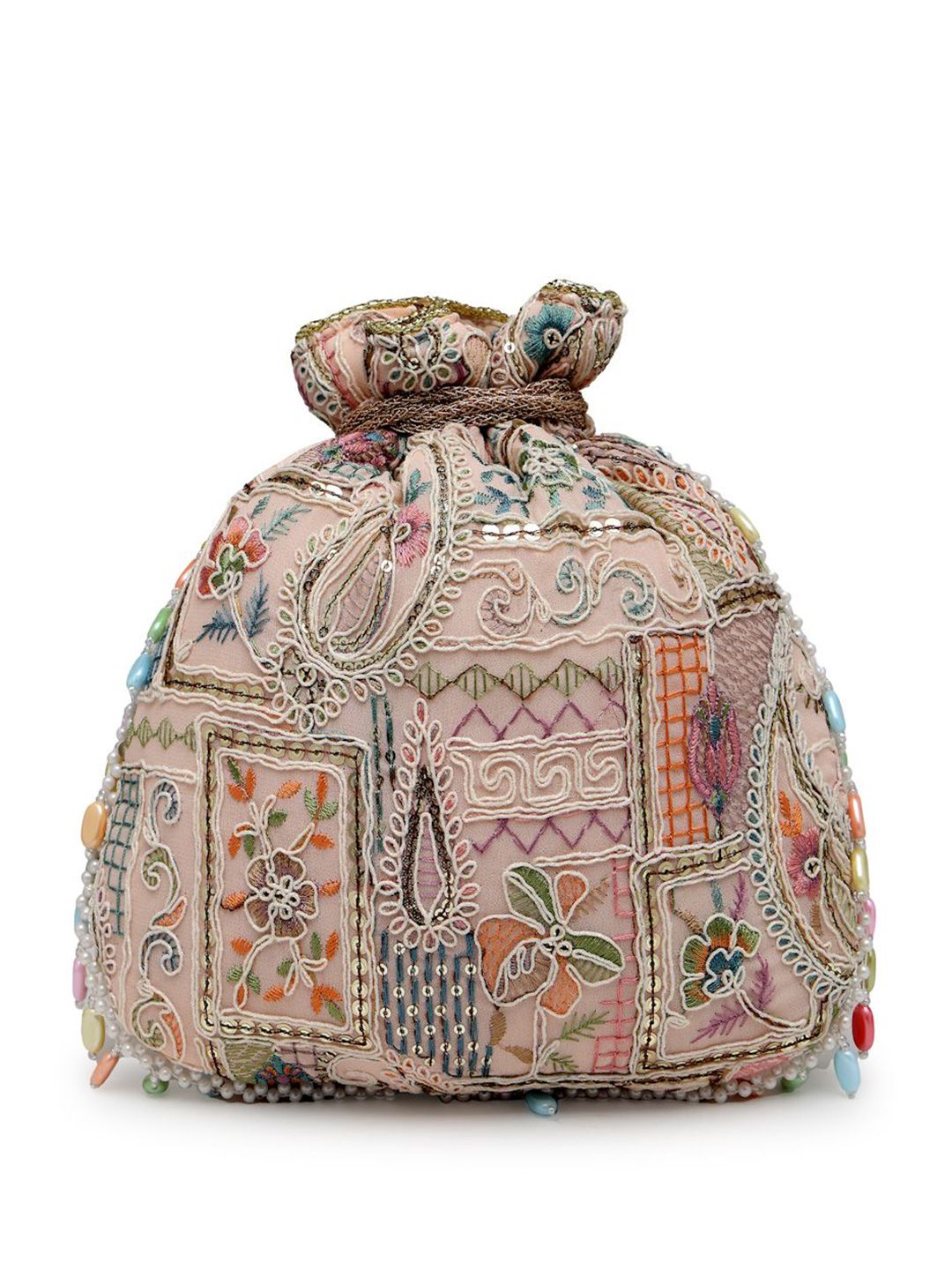 Dhiyona NR Dangle Baby Pink & Multi Abstract Embroidered Georgette Potli
