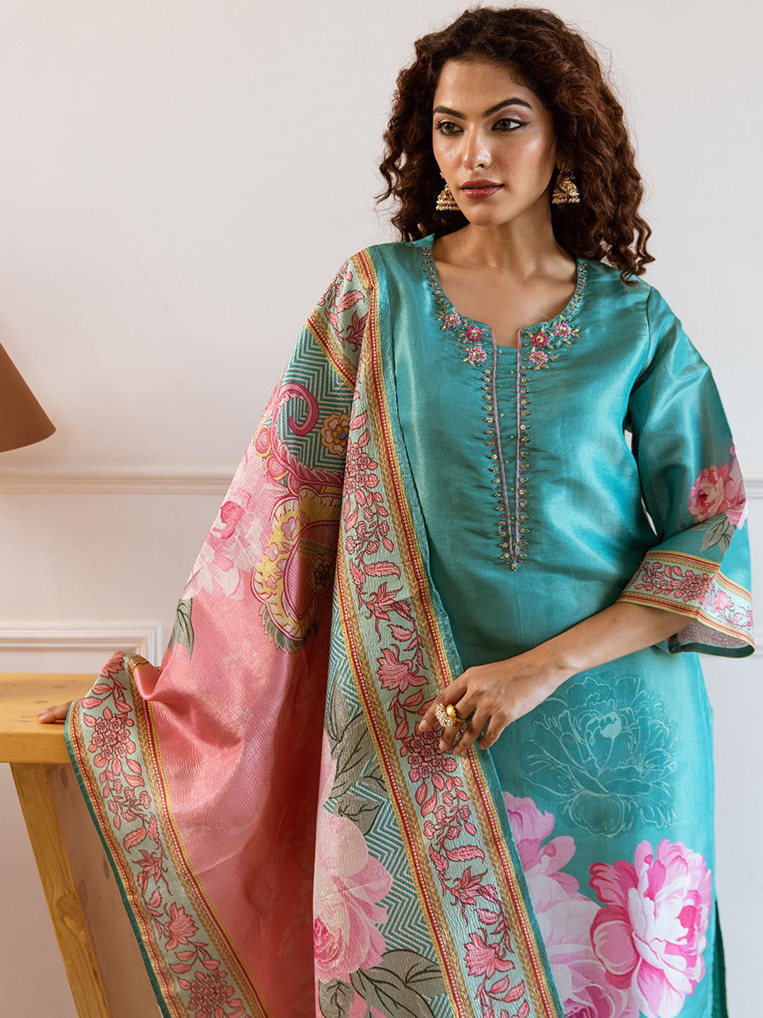 Floral Embroidered Notch Neck Tissue Silk Straight Kurta With Trousers & Dupatta