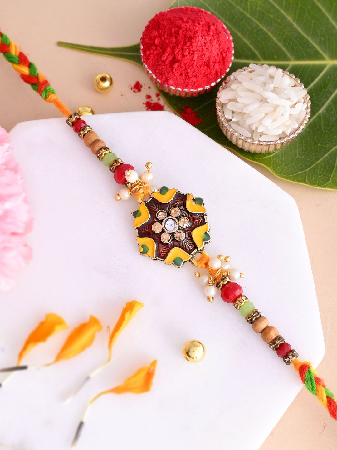 Dhiyona Green Stone Studded & Beaded Thread Rakhi With Roli Chawal With Greeting Card