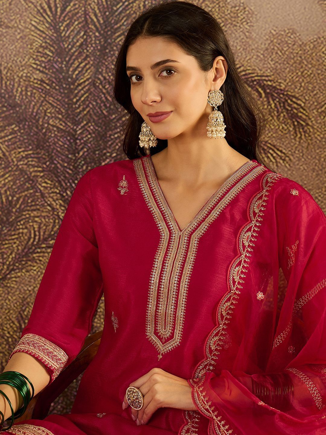 Dhiyona SN Ethnic Motifs Embroidered Sequinned Straight Kurta with Sharara & Dupatta