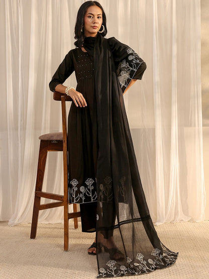 Black Solid Cotton A-Line Suit Set with Dupatta