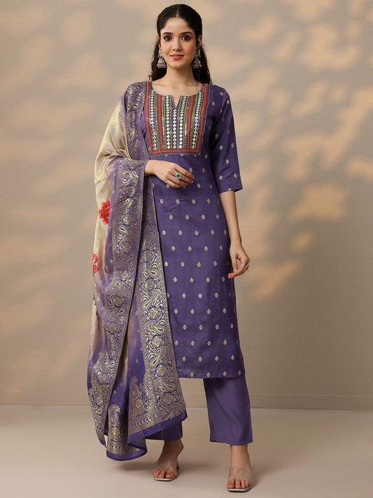 Ethnic Motifs Mirror Work Notch Neck Straight Kurta with Trousers & Dupatta