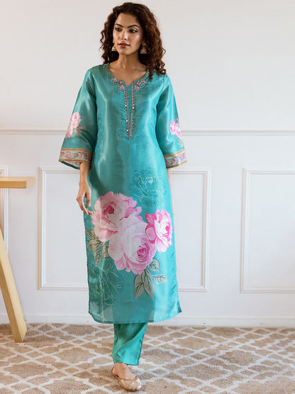 Floral Embroidered Notch Neck Tissue Silk Straight Kurta With Trousers & Dupatta
