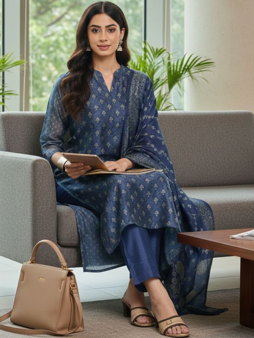 Navy Blue Women Floral Printed Regular Chanderi Silk Kurta with Trousers & With Dupatta
