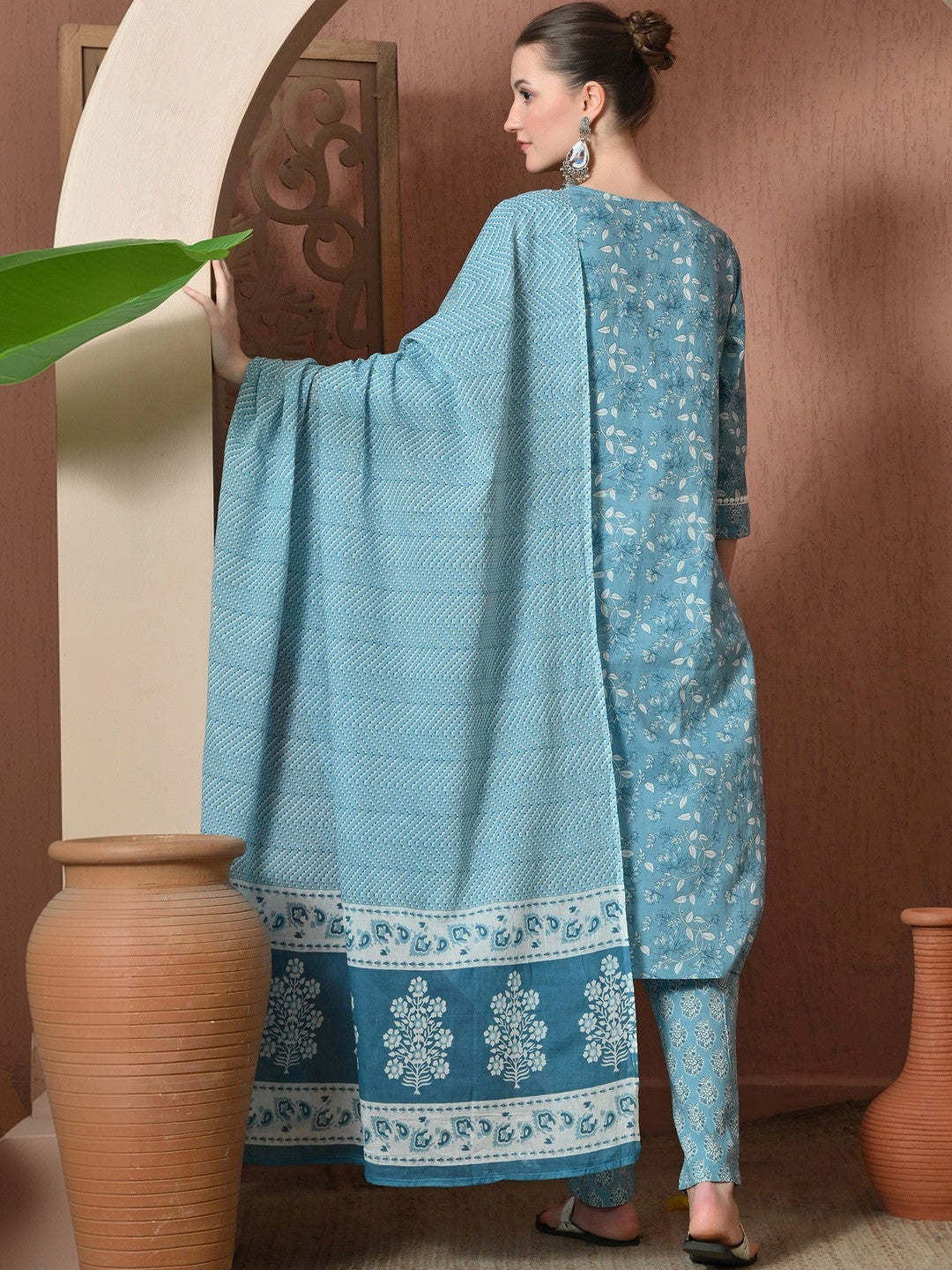 Women Floral Printed Regular Pure Cotton Kurta with Trousers & With Dupatta