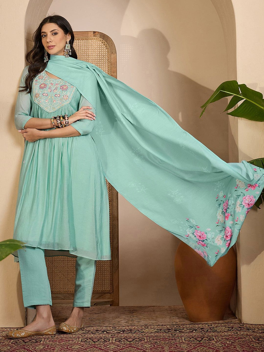 Sequence Thread Embroidered Round Neck Kurta & Trousers with Dupatta Set