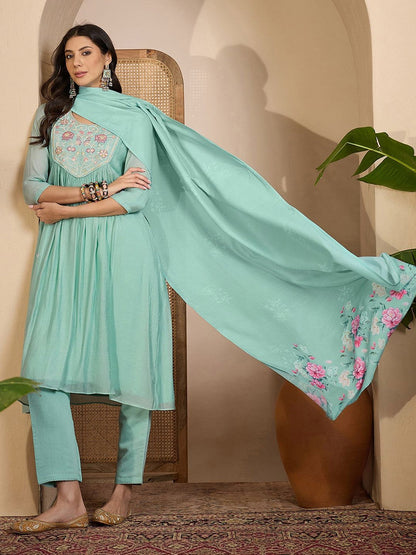 Sequence Thread Embroidered Round Neck Kurta & Trousers with Dupatta Set