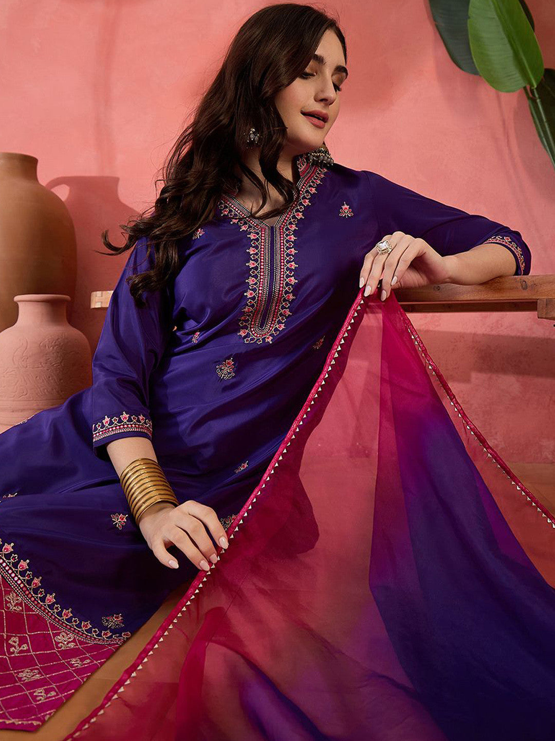 Zari Sequence Embroidered Kurta With Trousers & Dupatta