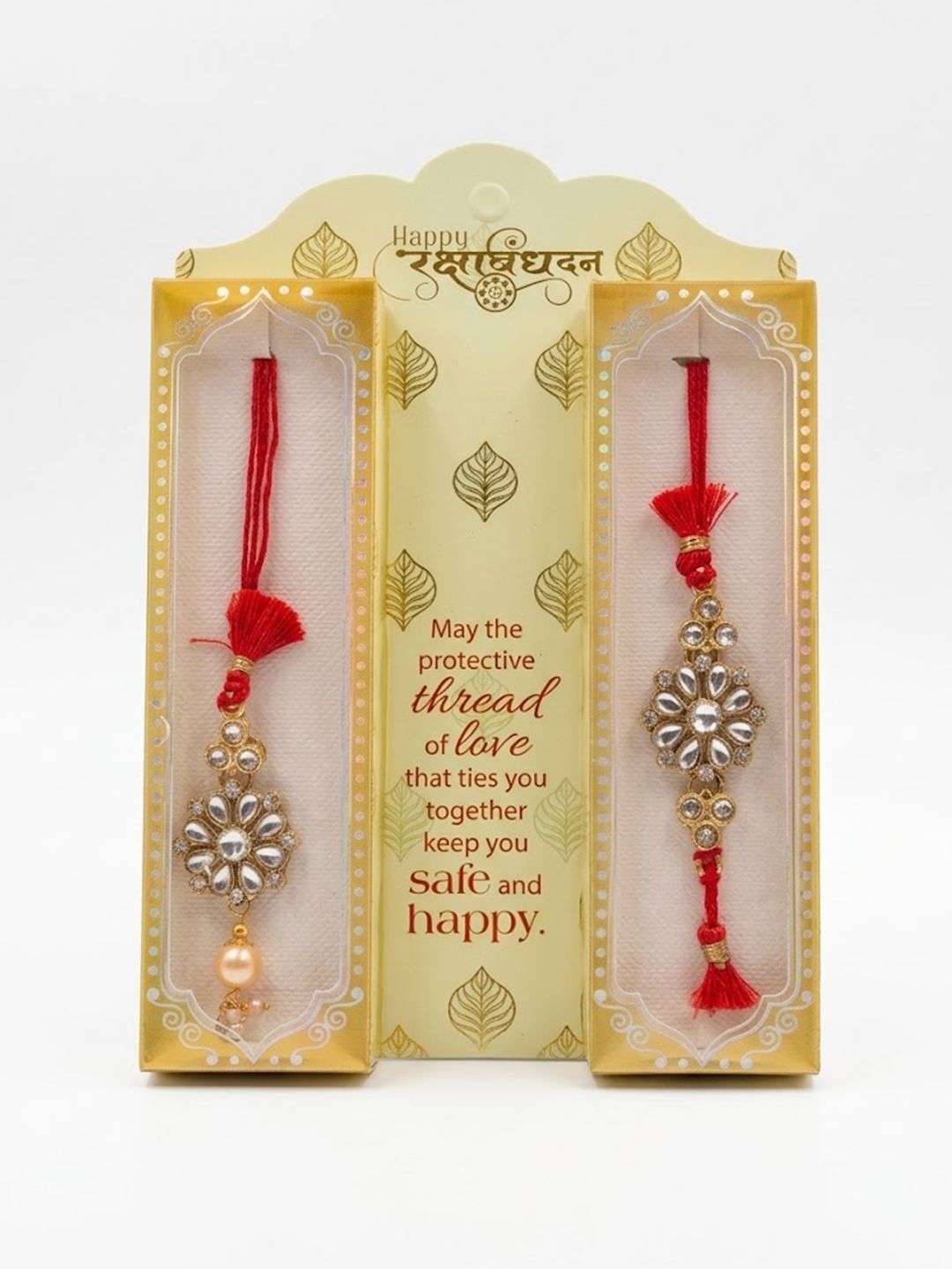 Dhiyona Set Of 2 Red Kundan Studded Floral Design Bhaiya Bhabhi Rakhi With Roli Chawal