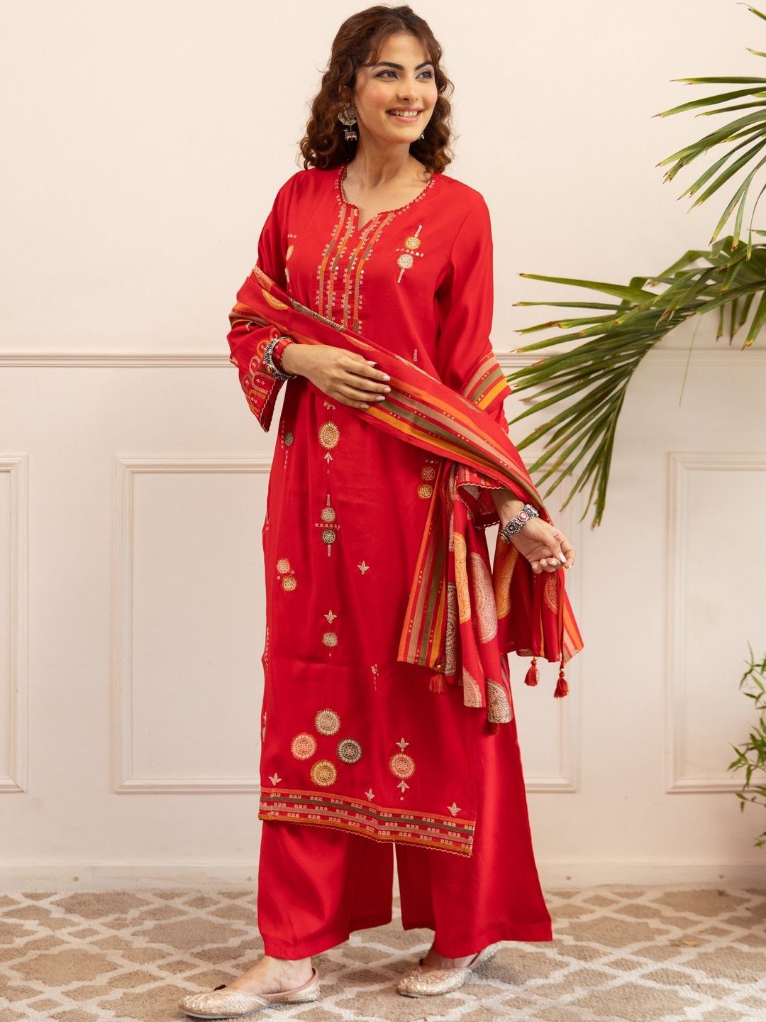 Dhiyona KL Women Ethnic Motifs Printed Regular Sequinned Kurta with Palazzos & With Dupatta
