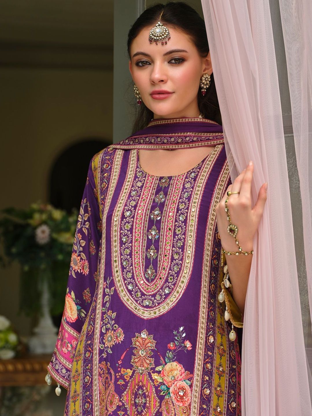 Dhiyona IE Ethnic Motifs Printed Round Neck Mirror Work Silk Kurta With Palazzos & Dupatta