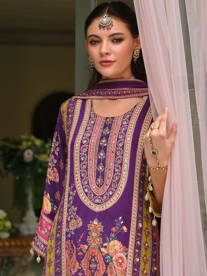 Dhiyona IE Ethnic Motifs Printed Round Neck Mirror Work Silk Kurta With Palazzos & Dupatta